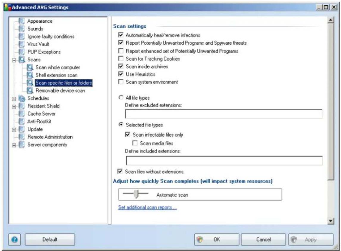 Advanced AVG Settings Appearance Sounds Ignore faulty conditions Virus Vault PUP Exceptions Scans Scan whole computer Shell extension scan Scan specific files or folders Removable device scan Schedules Resident Shield Cache Server Anti-Rootkit Update Remote Administration Server components Scan settings ✓ Automatically heal/remove infections ✓ Report Potentially Unwanted Programs and Spyware threats ✓ Report enhanced set of Potentially Unwanted Programs ✓ Scan for Tracking Cookies ✓ Scan inside archives ✓ Use Heuristics ✓ Scan system environment ○ All file types Define excluded extensions: ● Selected file types ✓ Scan infectable files only □ Scan media files Define included extensions: ✓ Scan files without extensions. Adjust how quickly Scan completes (will impact system resources) Automatic scan Set additional scan reports... Default OK Cancel Apply