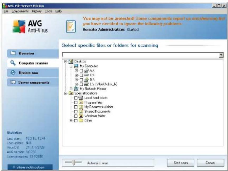 AVG File Server Edition File Components History Tools Help AVG Anti-Virus You may not be protected! Some components report ca error/westing but you have decided to ignore the following problems Remote Administration: Started Select specific files or folders for scanning Desktop My Computer A\\ C\\ D\\ L\ (NbuildNdisk_K) My Network Places special locations Local hard drives Program Files My Documents folder Shared Documents Windows folder Other Last scan: 10.3.10.13.44 Last update: N/A Virus DB 27.1.1/27.29 AVG version: 3.0.792 License records: 13.8.2016 Show notification Automatic scan Start scan Cancel
