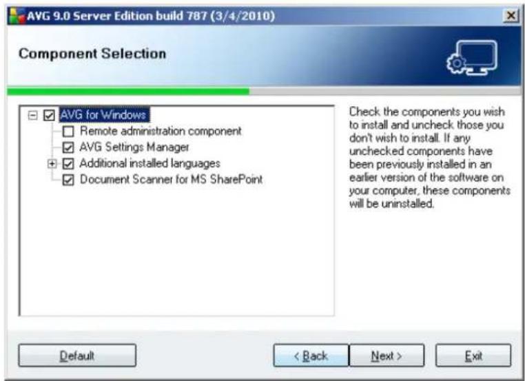 AVG 9.0 Server Edition build 787 (3/4/2010) Component Selection ✓ AVG for Windows ☐ Remote administration component ☑ AVG Settings Manager + ☑ Additional installed languages ☑ Document Scanner for MS SharePoint Check the components you wish to install and uncheck those you don't wish to install. If any unchecked components have been previously installed in an earlier version of the software on your computer, these components will be uninstalled. Default < Back Next > Exit