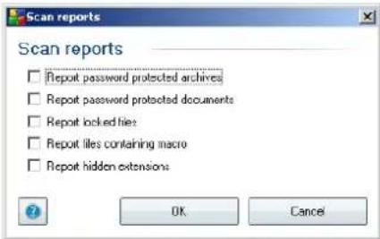 Scan reports Report password protected archives Report password protected documents Report locked files Report files containing macro Report hidden extensions OK Cancel