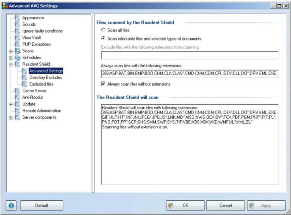 Advanced AVG Settings Appearance Sounds Ignore faulty conditions Virus Vault PUP Exceptions Scans Schedules Resident Shield Advanced Settings Directory Excludes Excluded files Cache Server Anti-Rootkit Update Remote Administration Server components Files scanned by the Resident Shield Scan all files Scan infectable files and selected types of documents Exclude files with the following extensions from scanning: Always scan files with the following extensions: 386;ASP;BAT;BIN;BMP;BOO;CHM;CLA;CLAS*;CMD;CNM;COM;CPL;DEV;DLL;DO*;DRV;EML;EXE; Always scan files without extensions The Resident Shield will scan Resident Shield will scan files with following extensions: 386;ASP;BAT;BIN;BMP;BOO;CHM;CLA;CLAS*;CMD;CNM;COM;CPL;DEV;DLL;DO*;DRV;EML;EXE; GIF;HLP;HT*;INF;INI;JPEG*;JPG;JS*;LNK;MD*;MSG;NWS;OCX;OV*;PCX;PDF;PGM;PHP*;PIF;PL*; PNG;POT;PP*;SCR;SHS;SMM;SWF;SYS;TIF;VBE;VBS;VBX;VXD:WMFXL*XML,ZL* Scanning files without extension is on. Default OK Cancel Apply