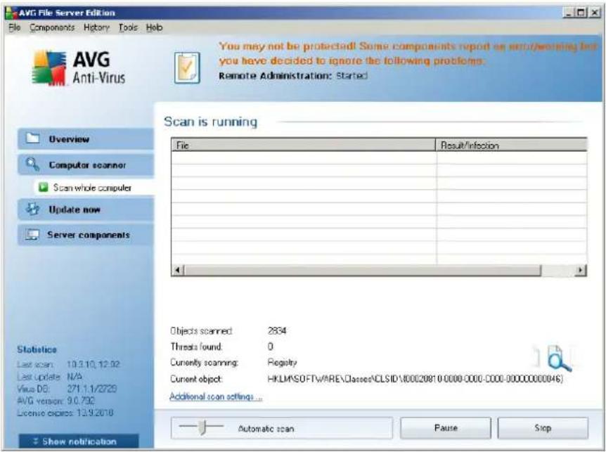 AVG File Server Edition File Components History Tools Help AVG Anti-Virus You may not be protected!! Some components report on web/warning but you have decided to ignore the following problems: Remote Administration: Started Scan is running File Result/Infection Objects scanned: 2834 Threats found: 0 Currently scanning: Registry Current object: HKLMKSOFTWARE\Classes\CLSID\800020810-0000-0000-0000-00000000046\ Additional scan settings... Show notification Automatic scan Pause Stop