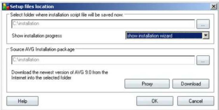 Setup files location Select folder where installation script file will be saved now. C:\installation Show installation progress show installation wizard Source AVG Installation package C:\installation Download the newest version of AVG 9.0 from the Internet into the selected folder Proxy Download Help OK Cancel