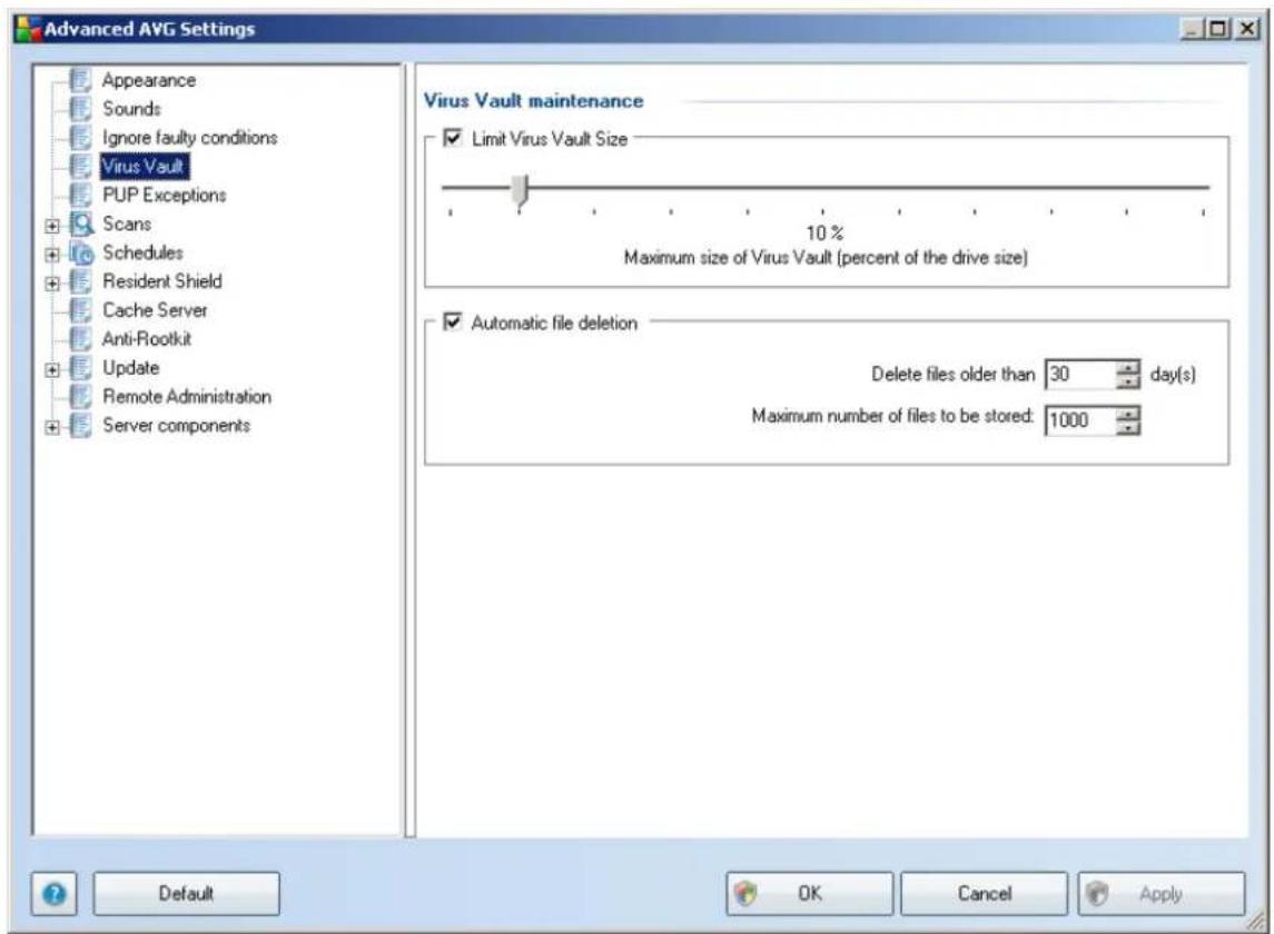 Advanced AVG Settings Appearance Sounds Ignore faulty conditions Virus Vault PUP Exceptions Scans Schedules Resident Shield Cache Server Anti-Rootkit Update Remote Administration Server components Virus Vault maintenance Limit Virus Vault Size 10% Maximum size of Virus Vault (percent of the drive size) Automatic file deletion Delete files older than 30 day(s) Maximum number of files to be stored: 1000 Default OK Cancel Apply