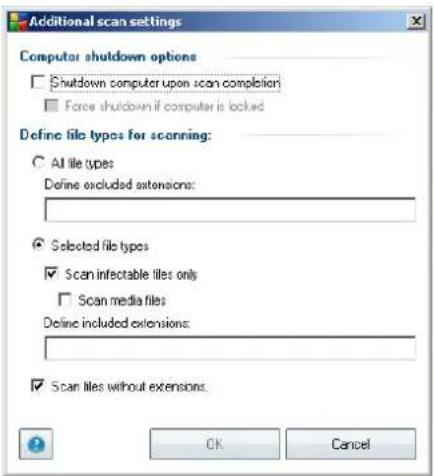 Additional scan settings Computer shutdown options Shutdown computer upon scan completion Force shutdown if computer is locked Define file types for scanning: All file types Define excluded extensions: Selected file types Scan infectable files only Scan media files Define included extensions: Scan files without extensions OK Cancel