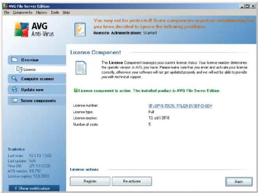 AVG File Server Edition File Components History Tools Help AVG Anti-Virus You may not be protected!! Some components report an unscrantory but you have decided to ignore the following problems Remote Administration: Started License Component The License Component manages your current license status. Your license number determines the specific version of AVG you have. Please make sure that you enter and activate your license correctly, otherwise your software will not get updated properly and we will not be able to provide you with technical support. License component is active. The installed product is AVG File Server Edition. License number: SF-OPY6-7057U-TFLQR-EV3EP-C-6DV License type: Full License expires: 13.25/12010 Number of seals: 5 License actions: Register Re-activate Back Overview License Computer scanner Update now Server components Statistics Last scan: 10.3.10.1202 Last update: N/A Virus DB: 271.1.1/2729 AVG version: 90.792 License expires: 139.2010 Show notification