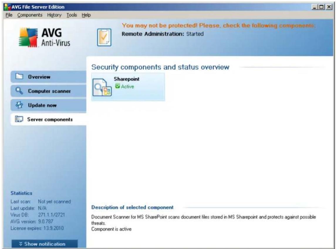 AVG File Server Edition File Components History Tools Help AVG Anti-Virus You may not be protected! Please, check the following components: Remote Administration: Started Overview Computer scanner Update now Server components Security components and status overview Sharepoint ✓ Active Statistics Last scan: Not yet scanned Last update: N/A Virus DB: 271.1.1/2721 AVG version: 9.0.787 License expires: 13.9.2010 Description of selected component Document Scanner for MS SharePoint scans document files stored in MS Sharepoint and protects against possible threats. Component is active Show notification