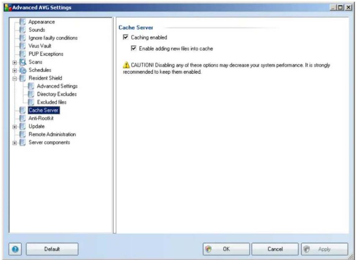 Advanced AVG Settings Appearance Sounds Ignore faulty conditions Virus Vault PUP Exceptions Scans Schedules Resident Shield Advanced Settings Directory Excludes Excluded files Cache Server Anti-Rootkit Update Remote Administration Server components Cache Server ✓ Caching enabled ✓ Enable adding new files into cache ⚠️ CAUTION! Disabling any of these options may decrease your system performance. It is strongly recommended to keep them enabled. Default OK Cancel Apply