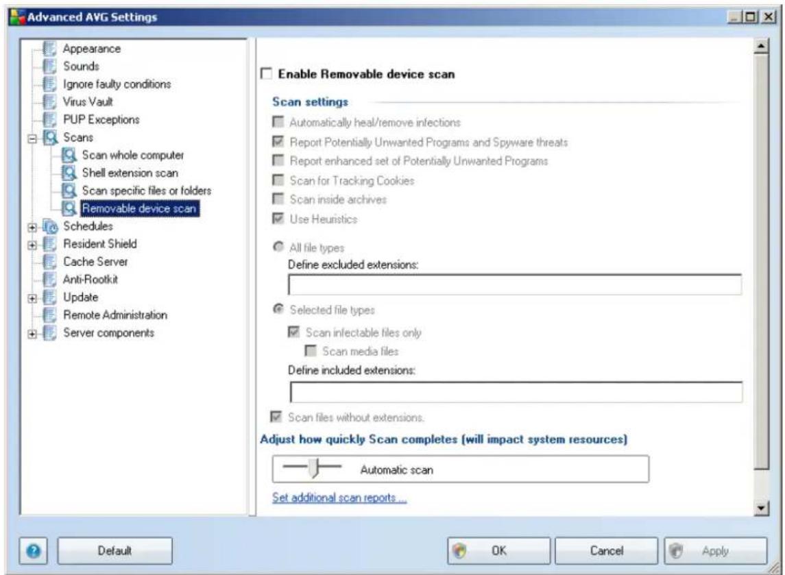 Advanced AVG Settings Appearance Sounds Ignore faulty conditions Virus Vault PUP Exceptions Scans Scan whole computer Shell extension scan Scan specific files or folders Removable device scan Schedules Resident Shield Cache Server Anti-Rootkit Update Remote Administration Server components Enable Removable device scan Scan settings Automatically heal/remove infections Report Potentially Unwanted Programs and Spyware threats Report enhanced set of Potentially Unwanted Programs Scan for Tracking Cookies Scan inside archives Use Heuristics All file types Define excluded extensions: Selected file types Scan infectable files only Scan media files Define included extensions: Scan files without extensions. Adjust how quickly Scan completes (will impact system resources) Automatic scan Set additional scan reports... Default OK Cancel Apply