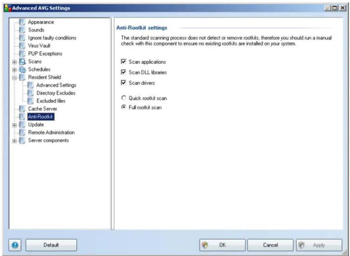 Advanced AVG Settings Appearance Sounds Ignore faulty conditions Virus Vault PUP Exceptions Scans Schedules Resident Shield Advanced Settings Directory Excludes Excluded files Cache Server Anti-Rootkit Update Remote Administration Server components Anti-Rootkit settings The standard scanning process does not detect or remove rootkits, therefore you should run a manual check with this component to ensure no existing rootkits are installed on your system. ✓ Scan applications ✓ Scan DLL libraries ✓ Scan drivers ○ Quick rootkit scan ● Full rootkit scan Default OK Cancel Apply