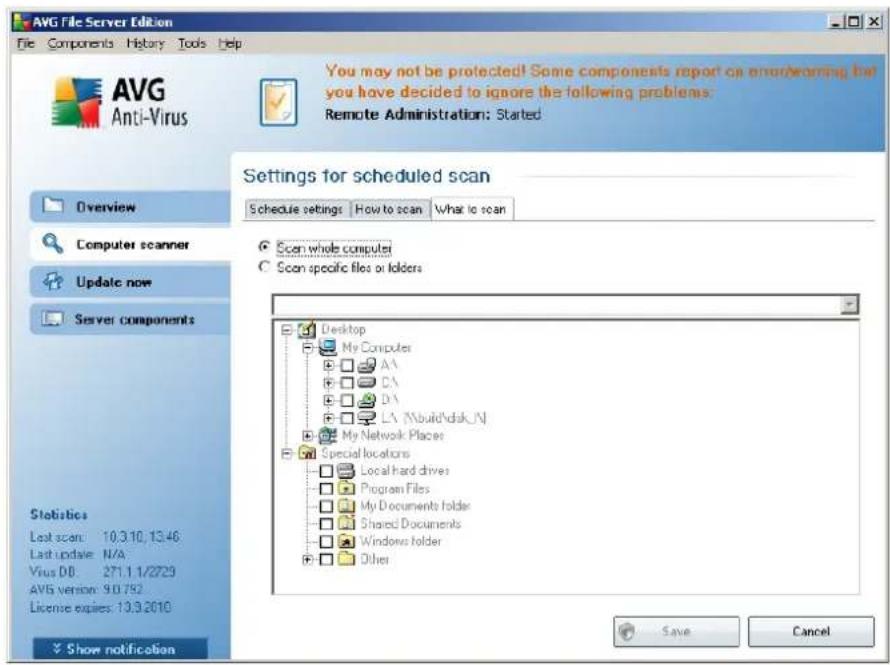 AVG File Server Edition File Components History Tools Help AVG Anti-Virus You may not be protected! Some components report on email/learning that you have decided to ignore the following problems: Remote Administration: Started Settings for scheduled scan Schedule settings | How to scan | What is scan Scan whole computer Scan specific files or folders Desktop My Computer A\ D\ D\ LA (Build\disk_N) My Network Places Special locations Local hard drives Program Files My Documents folder Shared Documents Windows folder Other Last scan: 10.3.10, 15.46 Last update: N/A Virus DB: 271.1.1/2729 AVG version: 9.0.792 License expires: 13.3.2010 Show notification Save Cancel