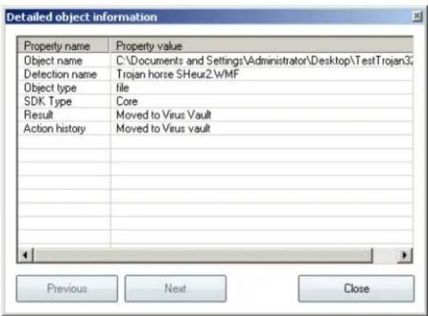 Detailed object information Property name Property value Object name C:\Documents and Settings\Administrator\Desktop\TestTrojan3\ Detection name Trojan horse SHeur2.WMF Object type tiles SDK Type Core Result Moved to Virus Vault Action history Moved to Virus vault Previous Next Close