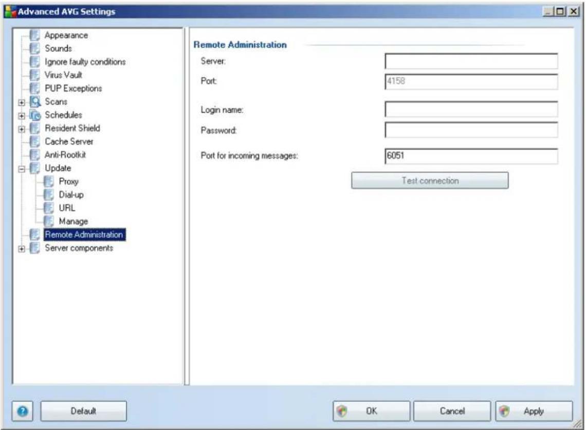Advanced AVG Settings Appearance Sounds Ignore faulty conditions Virus Vault PUP Exceptions Scans Schedules Resident Shield Cache Server Anti-Rootkit Update Proxy Dial-up URL Manage Remote Administration Server components Remote Administration Server: Port: 4158 Login name: Password: Port for incoming messages: 6051 Test connection Default OK Cancel Apply
