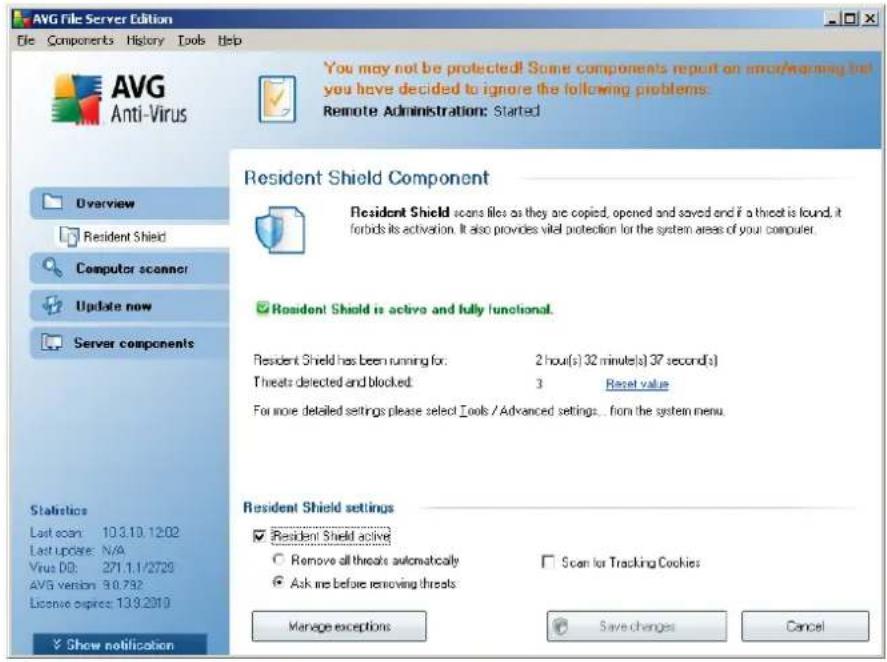 AVG File Server Edition File Components History Tools Help AVG Anti-Virus You may not be protected! Some components report on encoding may but you have decided to ignore the following problems: Remote Administration: Started Resident Shield Component Resident Shield scans files as they are copied, opened and saved and if a threat is found, it forbids its activation. It also provides vital protection for the system areas of your computer. ✓ Resident Shield is active and fully functional. Resident Shield has been running for: 2 hour(s) 32 minute(s) 37 second(s) Threats detected and blocked: 3 Reset value For more detailed settings please select Tools / Advanced settings... from the system menu. Resident Shield settings ✓ Resident Shield active ☐ Remove all threats automatically ☐ Scan for Tracking Cookies ☑ Ask me before removing threats Manage exceptions Save changes Cancel Statistics Last scan: 10.3.10.1202 Last update: N/A Virus D0: 271.1.1/2729 AVG version: 9.0.792 License expires: 13.9.2010 ✓ Show notification