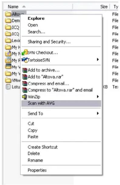 Explore Open Search... Sharing and Security... SYN Checkout... TortoiseSVN Add to archive... Add to "Altova.rar" Compress and email... Compress to "Altova.rar" and email WinZip Scan with AVG Send To Cut Copy Paste Create Shortcut Delete Rename Properties