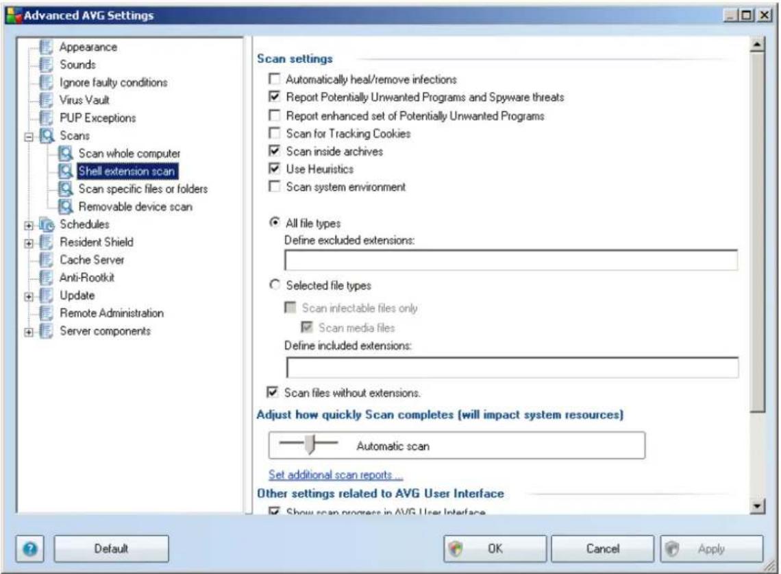Advanced AVG Settings Appearance Sounds Ignore faulty conditions Virus Vault PUP Exceptions Scans Scan whole computer Shell extension scan Scan specific files or folders Removable device scan Schedules Resident Shield Cache Server Anti-Rootkit Update Remote Administration Server components Scan settings Automatically heal/remove infections Report Potentially Unwanted Programs and Spyware threats Report enhanced set of Potentially Unwanted Programs Scan for Tracking Cookies Scan inside archives Use Heuristics Scan system environment All file types Define excluded extensions: Selected file types Scan infectable files only Scan media files Define included extensions: Scan files without extensions. Adjust how quickly Scan completes (will impact system resources) Automatic scan Set additional scan reports ... Other settings related to AVG User Interface Show scan progress in AVG User Interface Default OK Cancel Apply