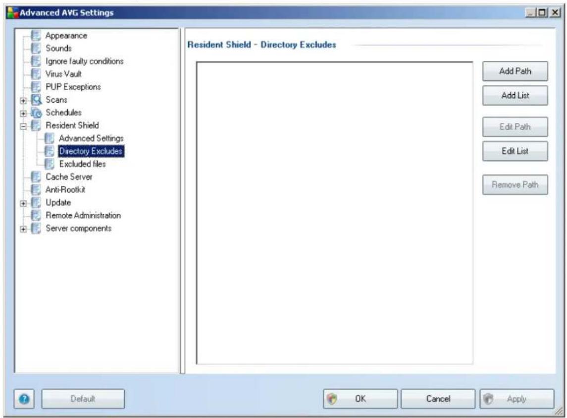 Advanced AVG Settings Appearance Sounds Ignore faulty conditions Virus Vault PUP Exceptions Scans Schedules Resident Shield Advanced Settings Directory Excludes Excluded files Cache Server Anti-Rootkit Update Remote Administration Server components Resident Shield - Directory Excludes Add Path Add List Edit Path Edit List Remove Path Default OK Cancel Apply