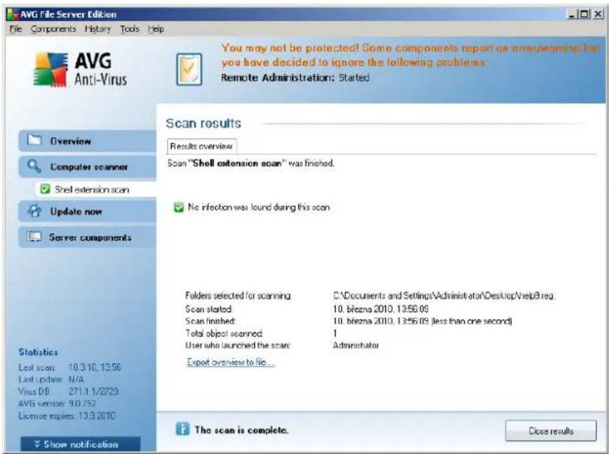 AVG File Server Edition File Components History Tools Help AVG Anti-Virus You may not be protected! Some components report on error/warning but you have decided to ignore the following problems. Remote Administration: Started Scan results Results overview Scan "Shell extension scan" was finished. No infection was found during this scan Folders selected for scanning C:\Documents and Settings\Administrator\Desktop\help3.reg. Scan started: 10. briezna 2010, 13:56.09 Scan finished: 10. briezna 2010, 13:56.09 (less than one second) Total object scanned: 1 User who launched the scan: Administrator Export overview to file... The scan is complete. Show notification Dias results