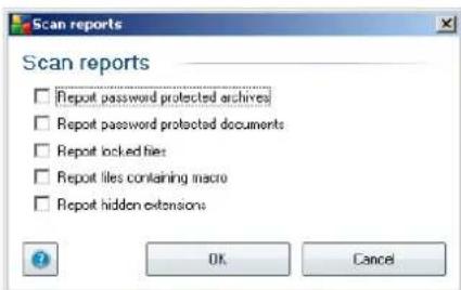 Scan reports Report password protected archives Report password protected documents Report locked files Report files containing macro Report hidden extensions OK Cancel