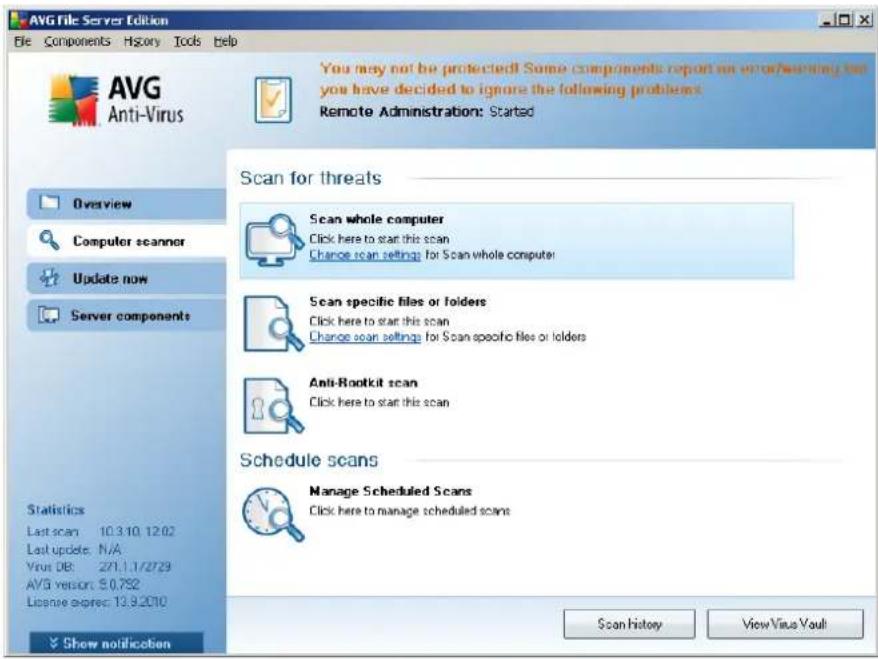 AVG File Server Edition File Components History Tools Help AVG Anti-Virus You may not be protected! Some components report an error/warning tool you have decided to ignore the following problems: Remote Administration: Started Scan for threats Scan whole computer Click here to start this scan Chance scan settings for Scan whole computer Scan specific files or folders Click here to start this scan Chance scan settings for Scan specific files or folders Anti-Rootkit scan Click here to start this scan Schedule scans Manage Scheduled Scans Click here to manage scheduled scans Last scan 10.3.10.12.02 Last update: N/A Virt DB: 271.1.1/2729 AVG version: 5.0.732 License expres: 13.9.2010 Statistics Show notification Scan History View Virus Vault