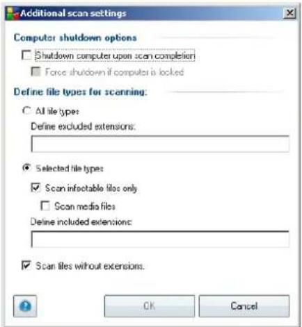 Additional scan settings Computer shutdown options Shutdown computer upon scan completion Force shutdown if computer is locked Define file types for scanning: All file types: Define excluded extensions: Selected file types: Scan infactable files only Scan media files Define included extensions: Scan files without extensions. OK Cancel