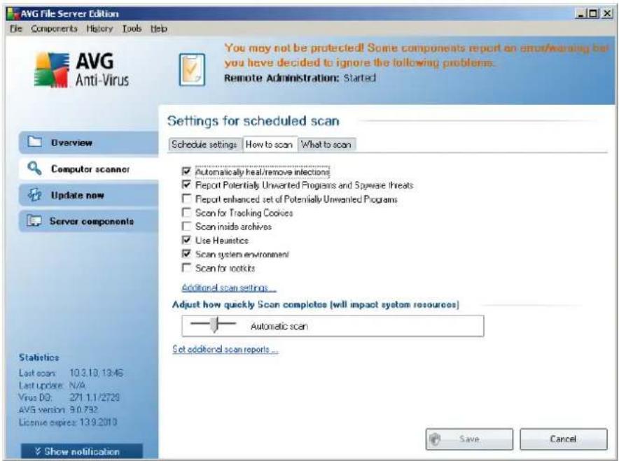 AVG File Server Edition File Components History Tools Help AVG Anti-Virus You may not be protected! Some components report an error/warding but you have decided to ignore the following problems. Remote Administration: Started Settings for scheduled scan Schedule settings: How to scan What to scan ✓ Automatically heal/remove infections ✓ Report Potentially Unwanted Programs and Spware threats ✓ Report enhanced set of Potentially Unwanted Programs ✓ Scan for Tracking Cookies ✓ Scan inside archives ✓ Use Heumatics ✓ Scan system environment ✓ Scan for IoT kits Additional scan settings ... Adjust how quickly Scan completes (will impact system resources) Automatic scan Set additional scan reports ... Save Cancel Overview Computer scanner Update now Server components Statistics Last scan: 10.3.10.19/45 Last update: N/A Virus 00: 271.1.1/2728 AVG version: 9.0.732 License expires: 13.9.2010 Show notification