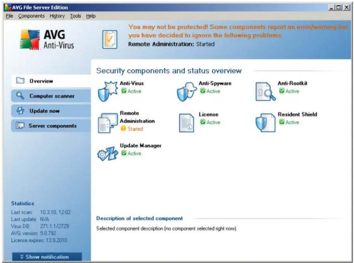 AVG File Server Edition File Components History Tools Help AVG Anti-Virus You may not be protected! Some components report an error/warning but you have decided to ignore the following problems: Remote Administration: Started Security components and status overview Anti-Virus Active Anti-Spyware Active Anti-Rootkit Active Computer scanner Update now Server components Remote Administration Stated License Active Resident Shield Active Update Manager Active Description of selected component Selected component description (no component selected right now). Last scan: 10.3.10, 12:02 Last update: N/A Virus DB: 271.1.1/2729 AVG version: 9.0.792 License expires: 13.9.2010 Statistics Show notification