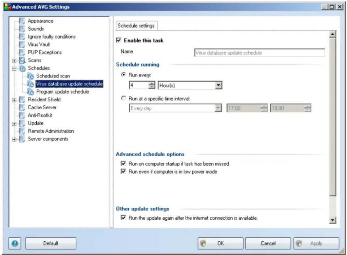 Advanced AVG Settings Appearance Sounds Ignore faulty conditions Virus Vault PUP Exceptions Scans Schedules Scheduled scan Virus database update schedule Program update schedule Resident Shield Cache Server Anti-Rootkit Update Remote Administration Server components Schedule settings Enable this task Name Virus database update schedule Schedule running Run every: 4 Hour(s) Run at a specific time interval: Every day 17:00 19:00 Advanced schedule options Run on computer startup if task has been missed Run even if computer is in low power mode Other update settings Run the update again after the internet connection is available. Default OK Cancel Apply