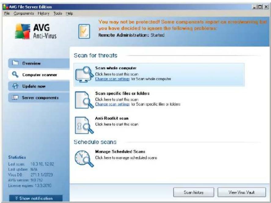 AVG File Server Edition File Components History Tools Help AVG Anti-Virus You may not be protected! Some components report an error/warning but you have decided to ignore the following problems: Remote Administration: Started Scan for threats Scan whole computer Click here to start this scan Change scan settings for Scan whole computer Scan specific files or folders Click here to start this scan Change scan settings for Scan specific files or folders Anti Rootkit scan Click here to start this scan Schedule scans Manage Scheduled Scans Click here to manage scheduled scans Statistics Lost scan: 10.310, 12.02 Last update: N/A Virus DB 271.1.1/2729 AVG version: 9.0.752 License expires: 13.3.2010 Show notification Scan history View Virus Vault