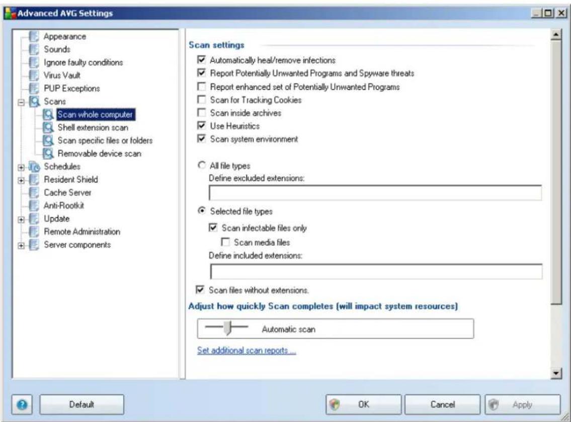 Advanced AVG Settings Appearance Sounds Ignore faulty conditions Virus Vault PUP Exceptions Scans Scan whole computer Shell extension scan Scan specific files or folders Removable device scan Schedules Resident Shield Cache Server Anti-Rootkit Update Remote Administration Server components Scan settings ✓ Automatically heal/remove infections ✓ Report Potentially Unwanted Programs and Spyware threats ✓ Report enhanced set of Potentially Unwanted Programs ✓ Scan for Tracking Cookies ✓ Scan inside archives ✓ Use Heuristics ✓ Scan system environment ○ All file types Define excluded extensions: ● Selected file types ✓ Scan infectable files only □ Scan media files Define included extensions: ✓ Scan files without extensions. Adjust how quickly Scan completes (will impact system resources) Automatic scan Set additional scan reports... Default OK Cancel Apply