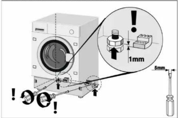 Diagram illustrating washing machine operation with labeled dimensions and warning symbols
