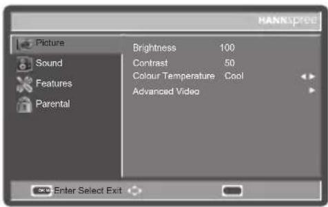 Picture Sound Features Parental Brightness 100 Contrast 50 Colour Temperature Cool Advanced Video Enter Select Exit