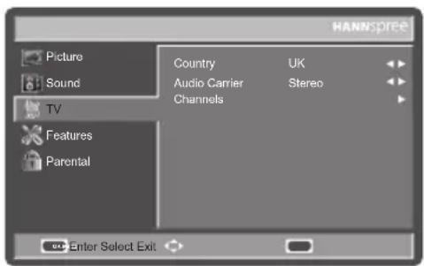 HANNSPree Picture Sound TV Features Parental Country UK Audio Carrier Stereo Channels Enter Select Exit