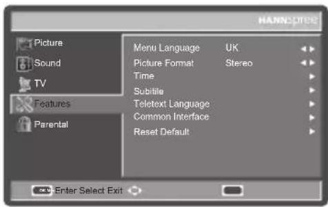 Picture Sound TV Features Parental Menu Language UK Picture Format Stereo Time Subtile Teletext Language Common Interface Reset Default Enter Select Exit