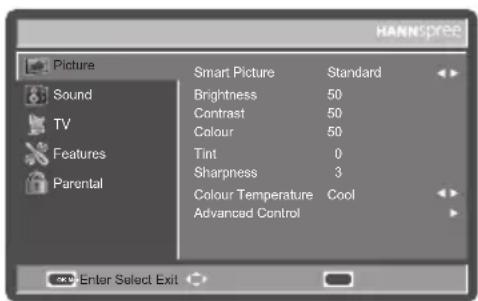 HANNSpeed Picture Sound TV Features Parental Smart Picture Standard Brightness 50 Contrast 50 Colour 50 Tint 0 Sharpness 3 Colour Temperature Cool Advanced Control Enter Select Exit