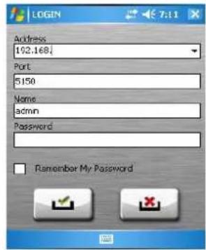 LOGIN Address 102.168 Port 5150 Name admin Password Remember My Password