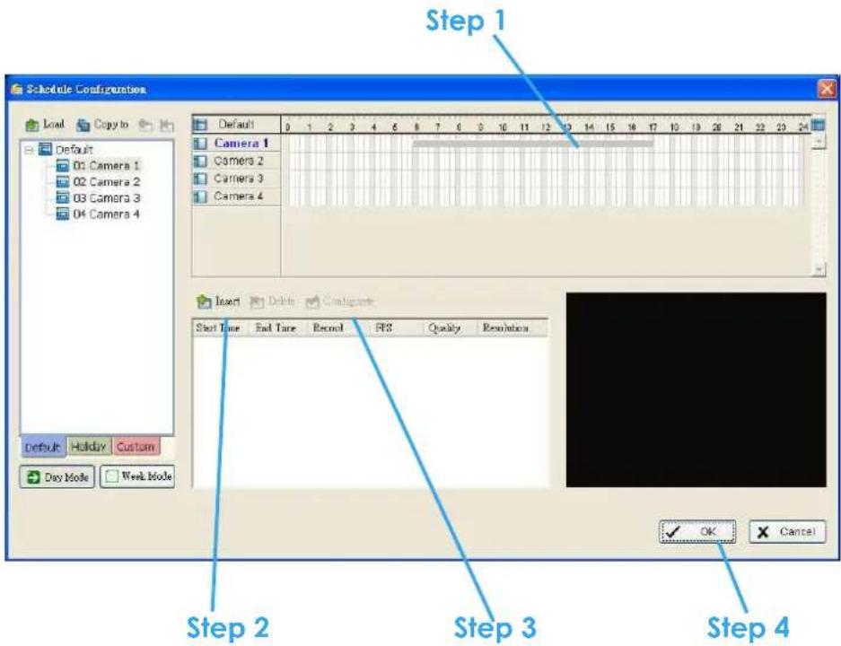 Schedule Configuration Load Copy to Default 01 Camera 1 02 Camera 2 03 Camera 3 04 Camera 4 Default 0 1 2 3 4 5 6 7 8 9 10 11 12 13 14 15 16 17 18 19 20 21 22 23 24 Camera 1 Camera 2 Camera 3 Camera 4 Insert Delete Calculate Start Time End Time Record FIS Quality Resolution Day Mode Week Mode OK Can…