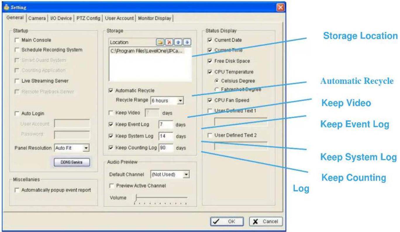Setting General | Camera | I/O Device | PTZ Config | User Account | Monitor Display | Startup Main Console Schedule Recording System Smart Guard System Counting Application Live Streaming Server Remote Playback Server Auto Login User Account: Password: Panel Resolution Auto Fit DDNS Service Miscella…