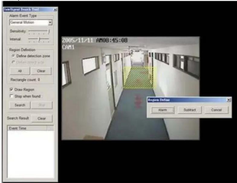Intelligent Shock Tool Alarm Event Type General Motion Sensitivity Interval Region Definition Define detection zone Define correct width All Clear Rectangle count: 0 Draw Region Stop when found Search Search Result Clear Event Time 2005/11/11 AM08:45:08 CAM1 Regions Define Alarm Subtract Cancel