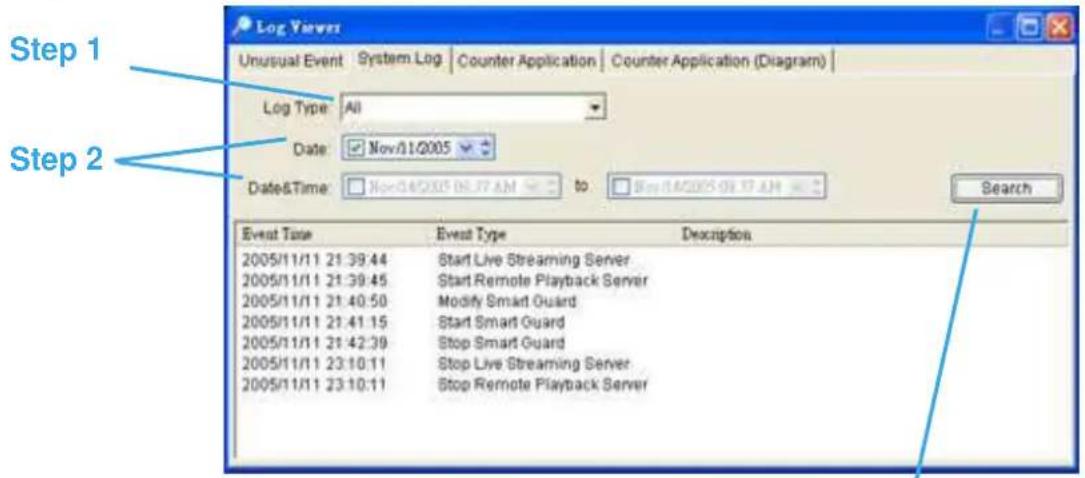 Log Viewer Unusual Event | System Log | Counter Application | Counter Application (Diagram) Log Type: All Date: Nov/01/2005 Date&Time: Nov/04/2005 06:37 AM to 8:14:2005 09:17:4H Search Event Time Event Type Description 2005/11/11 21:39:44 Start Live Streaming Server 2005/11/11 21:39:45 Start Remote…