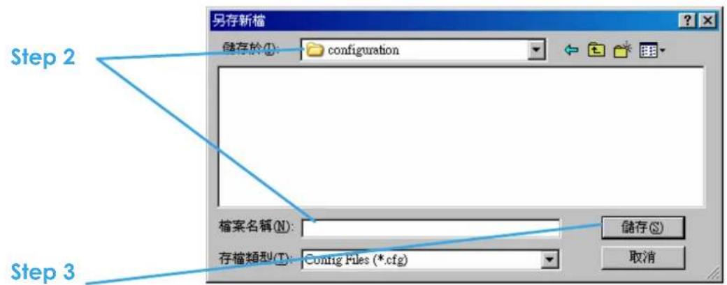 另存新檔 儲存於①: configuration 檔案名稱(N): 存檔類型(T): Config Files (*.cfg) 儲存(S) 取消 Step 2 Step 3