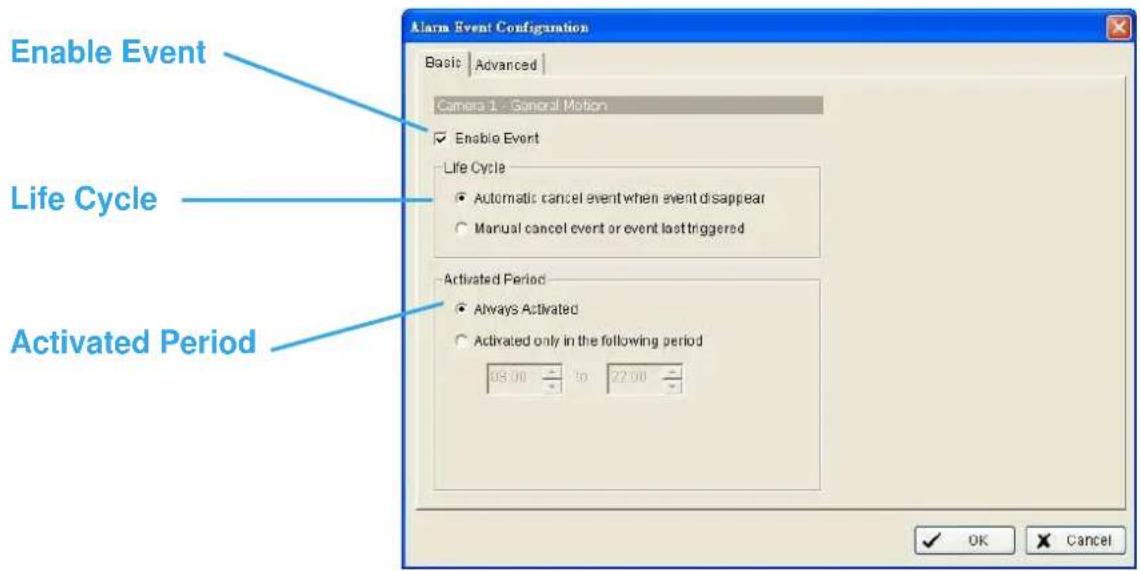 Enable Event Life Cycle Activated Period Alarm Event Configuration Basic Advanced Camera 1 - General Motion Enable Event Life Cycle Automatic cancel event when event disappear Manual cancel event or event last triggered Activated Period Always Activated Activated only in the following period 08:00 5…