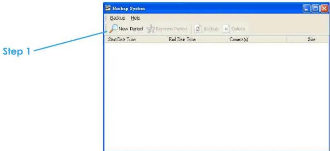 Backup System Backup Help Now Period Remove Period Backup Colors Start Date Time End Date Time Camera(s) Size Step 1