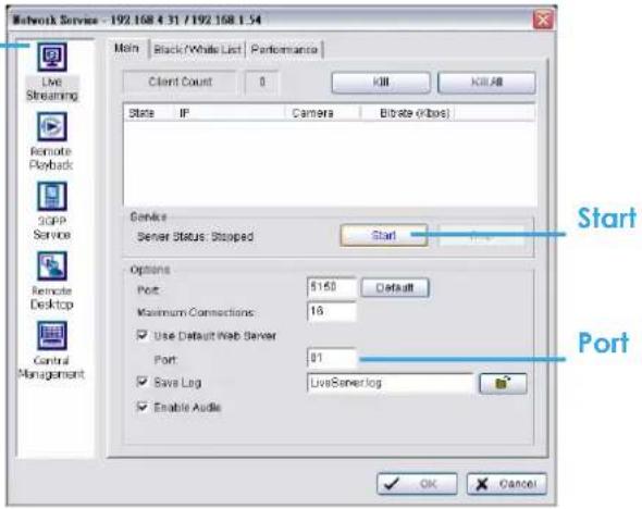Network Service - 192.168.4.31 / 192.168.1.54 Main Black/White List Performance Client Count 0 KIR KIR.AB State IP Camera Bibrate (Kbps) Service Server Status: Stopped Start Options Port: $160 Default Maximum Connections: 16 Use Default Web Server Port: 01 Save Log LiveServer.log Enable Audio Start…