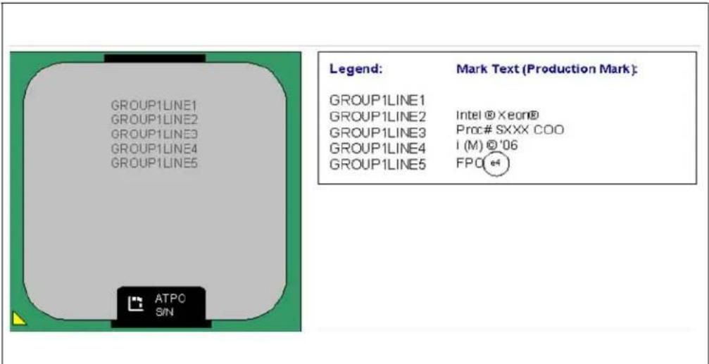 GROUP1LINE1 GROUP1LINE2 GROUP1LINE3 GROUP1LINE4 GROUP1LINE5 ATPO S/N Legend: Mark Text (Production Mark): GROUP1LINE1 GROUP1LINE2 Intel ® Xeon® GROUP1LINE3 Proc# SXXX COO GROUP1LINE4 I (M) © '06 GROUP1LINE5 FPO +4