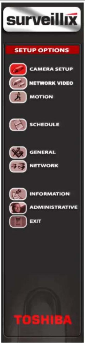 surveillix SETUP OPTIONS CAMERA SETUP NETWORK VIDEO MOTION SCHEDULE GENERAL NETWORK INFORMATION ADMINISTRATIVE EXIT TOSHIBA
