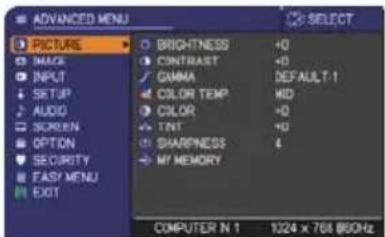ADANCED MENU PICTURE MACK INPUT SETUP AUDIO SCREEN OPTION SECURITY FASY MENU EXIT BRIGHTNESS +0 CONTRAST +0 GRIANA DEFAULT-1 COLOR TEMP MID COLOR +0 TNT +0 SHARPNESS 4 MY MEMORY COMPUTER N 1 1224 x 768 @60Hz