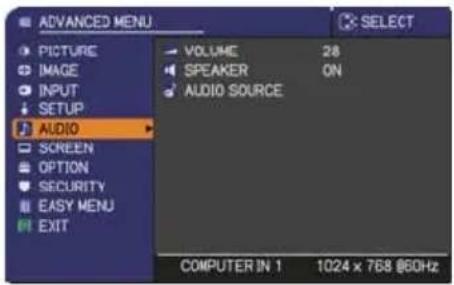 ADVANCED MENU PICTURE IMAGE INPUT SETUP AUDIO SCREEN OPTION SECURITY EASY MENU EXIT VOLUME 28 SPEAKER ON AUDIO SOURCE COMPUTER IN 1 1024 x 768 @60Hz