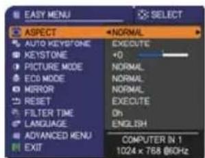 EASY MENU ASPECT AUTO KEYSTONE KEystone PICTURE MODE ECO MODE MIRROR RESET FILTER TIME LANGUAGE ADVANCED MENU EXIT NORMAL EXECUTE +0 NORMAL NORMAL NORMAL EXECUTE DH ENGLISH COMPUTER IN 1 1024 x 768 60Hz