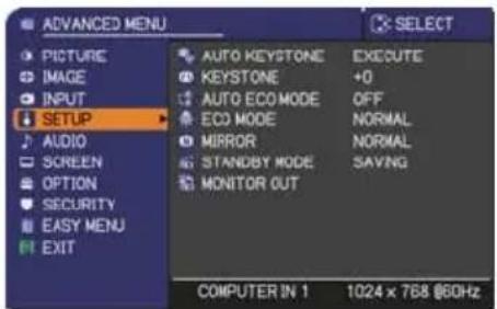 ADVANCED MENU PICTURE IMAGE INPUT SETUP AUDIO SCREEN OPTION SECURITY EASY MENU EXIT AUTO KEYSTONE EXECUTE KEystone +0 AUTO ECO MODE OFF ECO MODE NORMAL MIRROR NORMAL STANDBY MODE SAVING MONITOR OUT COMPUTER IN 1 1024 x 768 @60Hz